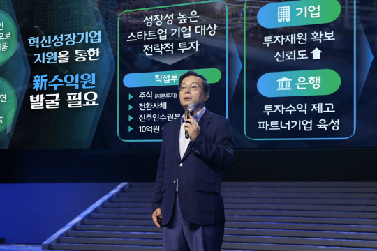 손태승 우리은행장이 지난 7월 '2018년 하반기 우리은행 경영전략회의'에서 혁신성장기업 육성정책을 발표하고 있다.  우리은행 제공